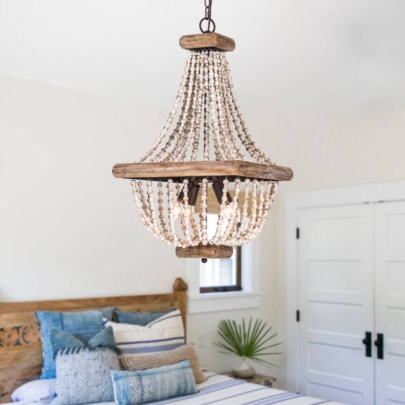 Farmhouse Beaded Chandelier in Weathered Wood 4 Light Fixture ...