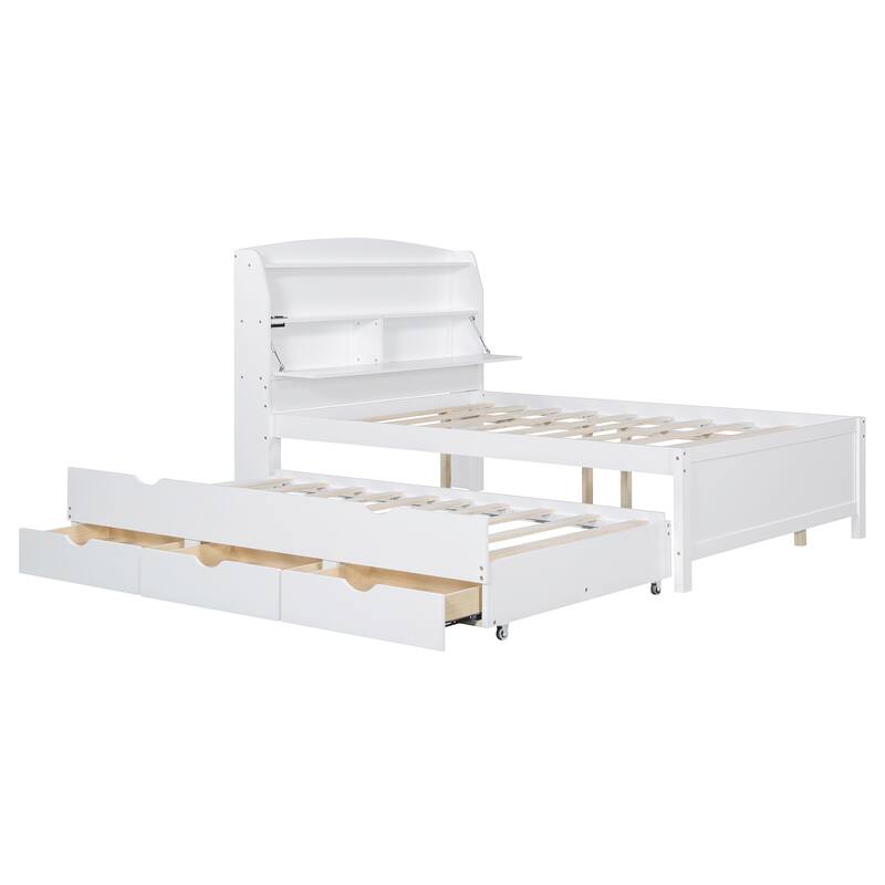 Full Size Wooden LED Platform Bed with Trundle, Storage Headboard, and Drawers in White