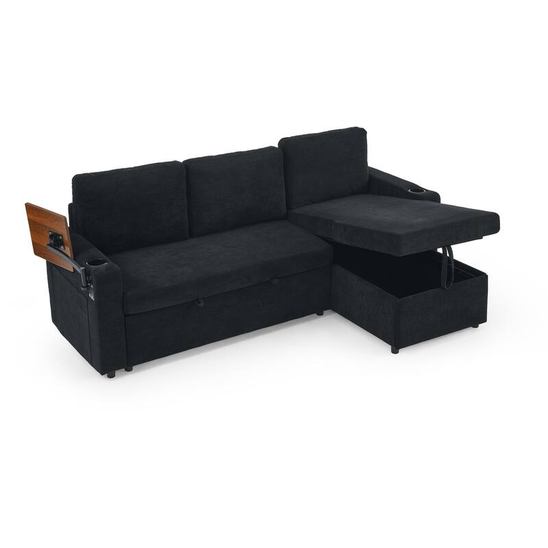 Pull Out Sleeper Sofa Bed Chenille L-shaped Sectional Couch with Storage Chaise, Retractable Table, LED, USB and Cup Holders