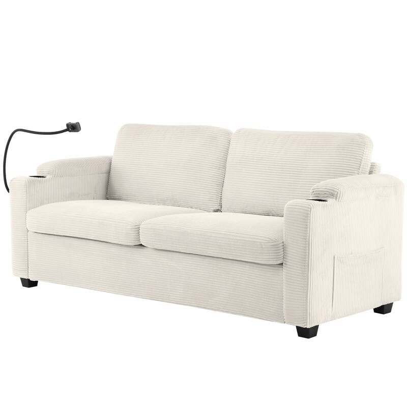 72.8" Corduroy Sleeper Sofa with Full Size Mattress and USB Ports, Loveseat Sofa with Cup Holders and Side Pockets