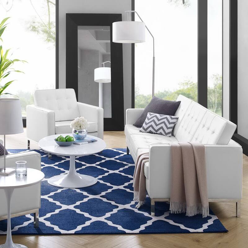 Loft Tufted Upholstered Faux Leather Sofa and Armchair Set - Silver White