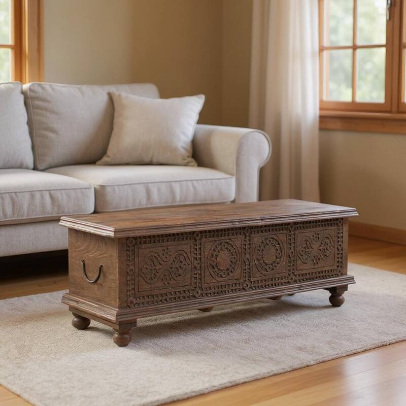 HomeRoots 54" Brown Solid Wood Medallion Storage Ottoman - Brown - 54.00 in. x 18.00 in.  x 16.00 in.