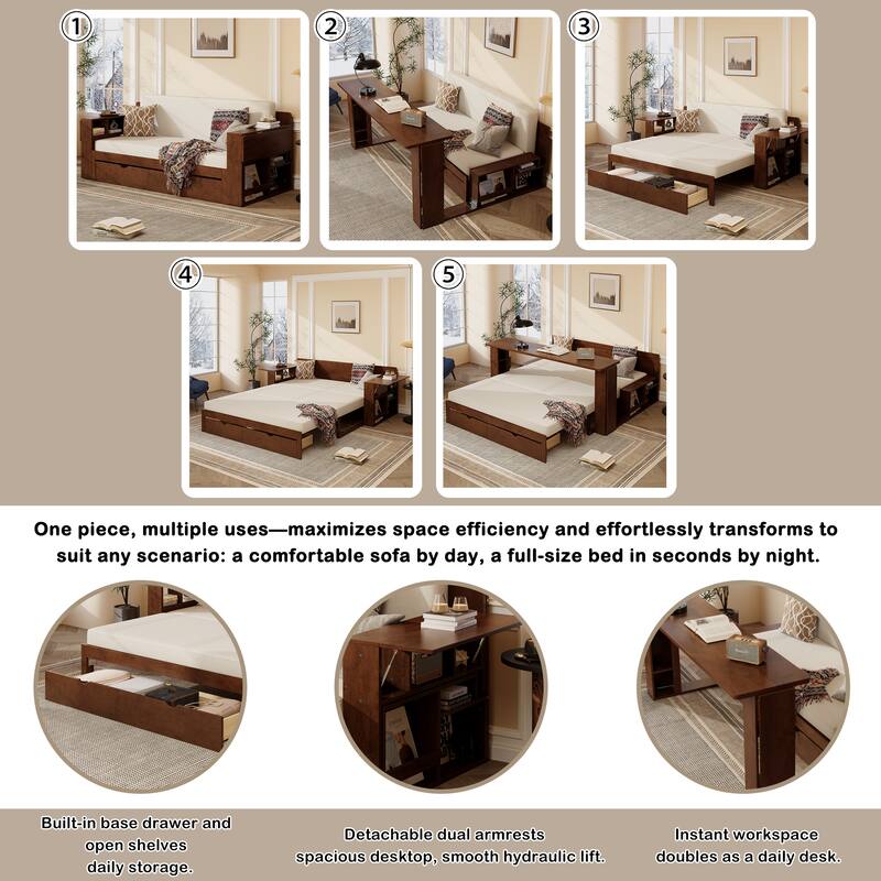 Full Size Daybed with Removable Desk, Storage Drawers & Hydraulic Side Table, Multi-Functional Sofa Bed for Small Spaces