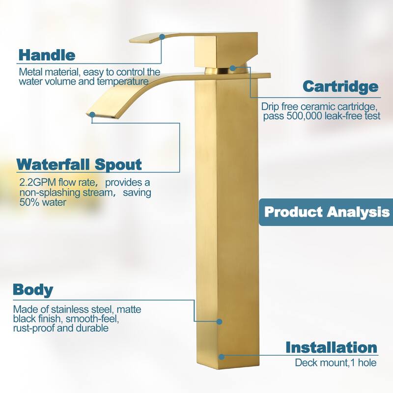 WOWOW Single Handle Single Hole Waterfall Bathroom Vessel Faucet