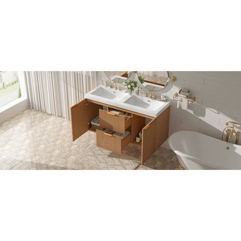GDFStudio - Mercer Transitional Wall Mounted Bathroom Vanity Cabinet with Double SMC Sink, Soft Close Doors & Drawers
