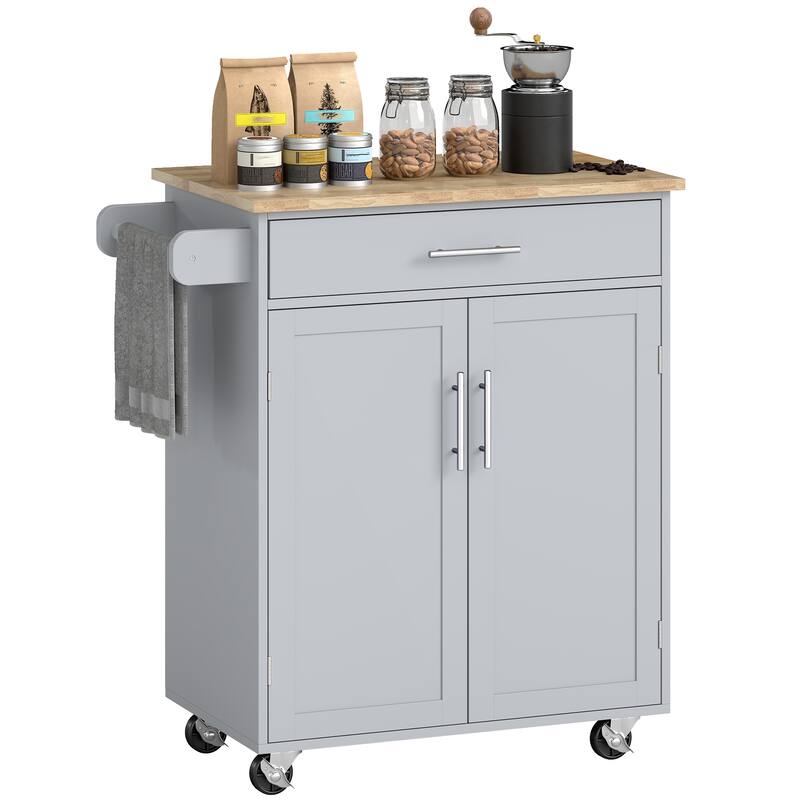 HOMCOM Kitchen Island Cart Rolling Trolley Cart with Drawer, Storage Cabinet & Towel Rack
