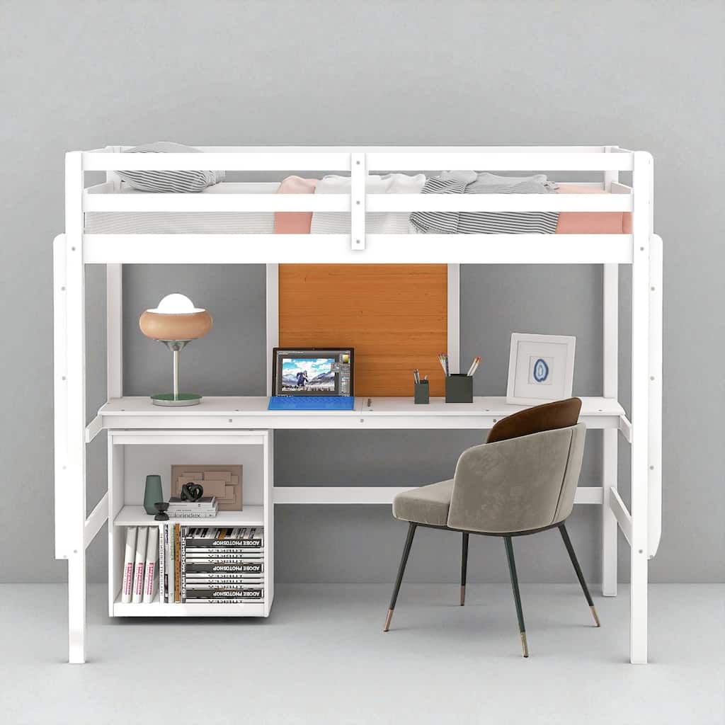 Twin/Full Loft Bed with Desk, Writing Board, and Storage Drawers, Fence Style Wooden Frame, No Box Spring Needed