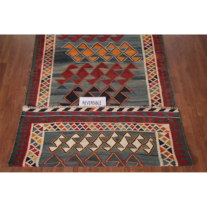Kilim Qashqai Persian Vintage Rug Hand-Woven Blue Wool Carpet - 4'9"x 8'9"