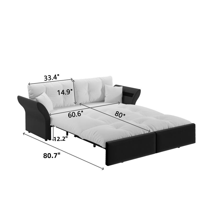 74.8" Queen Pull Velvet Out Sofa Bed, 3-in-1 Convertible Sleeper Tufted Sofa with 2 Soft Pillows-Grey