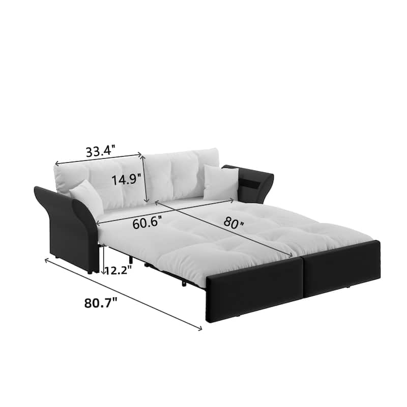 74.8" Queen Pull Velvet Out Sofa Bed, 3-in-1 Convertible Sleeper Tufted Sofa with 2 Soft Pillows-White