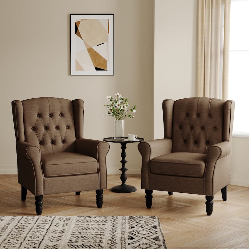 Button-Tufted Accent Club Chair Wingback Armchair Set of 2 - Brown