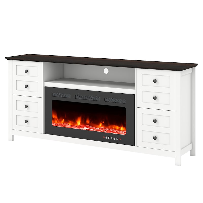 70" Modern Fireplace TV Stand for 80" TVs, Solid Wood Media Console with 36" Electric Fireplace & Storage Drawers