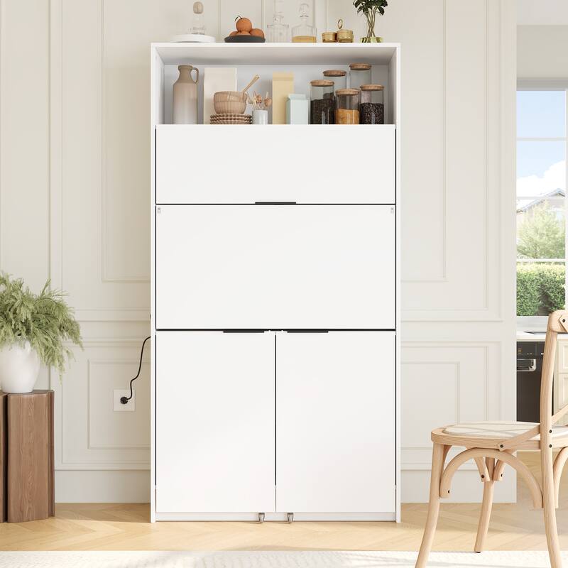 Compact Kitchen Pantry Storage Cabinet, 69" H Buffet Sideboard Server Table with Drop-Down Workstation & Power Outlet