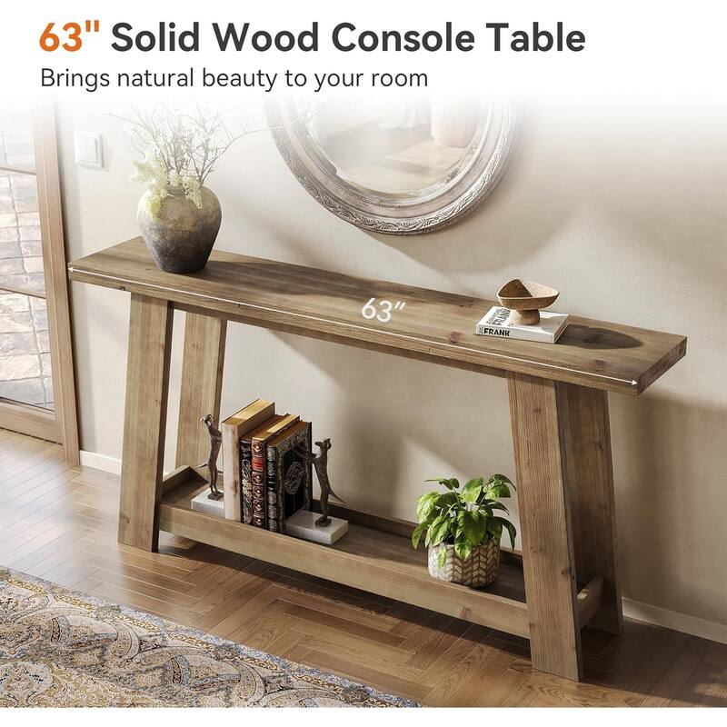 63" Solid Wood Console Table, Farmhouse Entryway Table with 2-Tier Shelf - 62.99" W x 11.81" D x 31.49" H