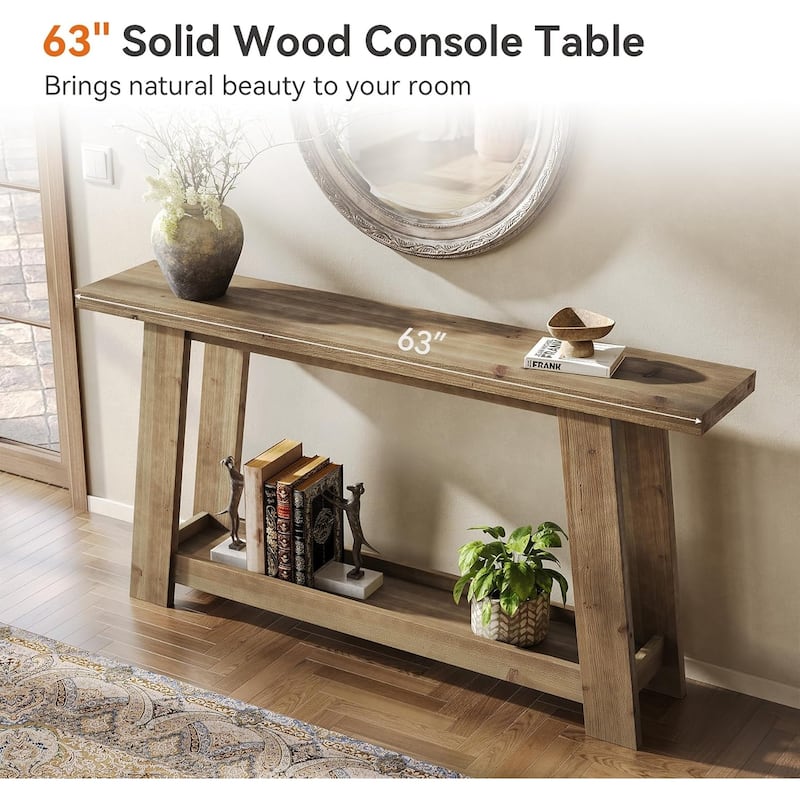 63-Inch Narrow Solid Wood Console/Entryway/Sofa Table Behind Couch with 2-Tier Shelf