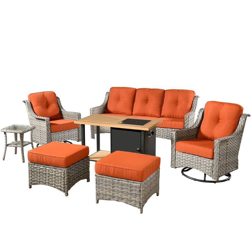 HOOOWOOO 7-piece Wicker High Back Patio Furniture Swivel Rocker Set with Fire Pit