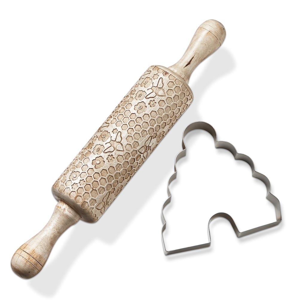 Honeybee Embroidered Pin & Hive Cut Rolling Pins Set of 2 - Natural Wood Kitchen Accessories for Summer