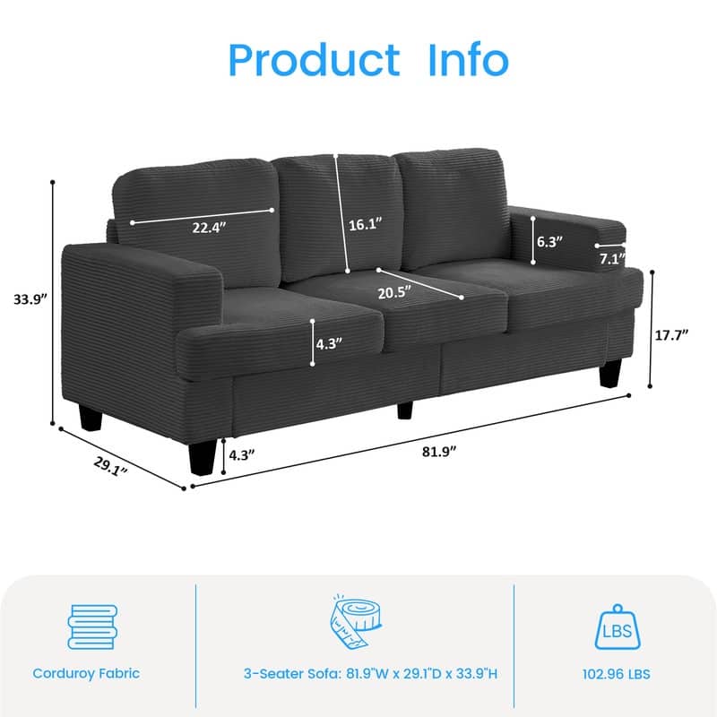 Mixoy 82" Corduroy Sectional Sofa Couch,Cloud Sleeper Comfy Upholstered 3-Seater Sofa