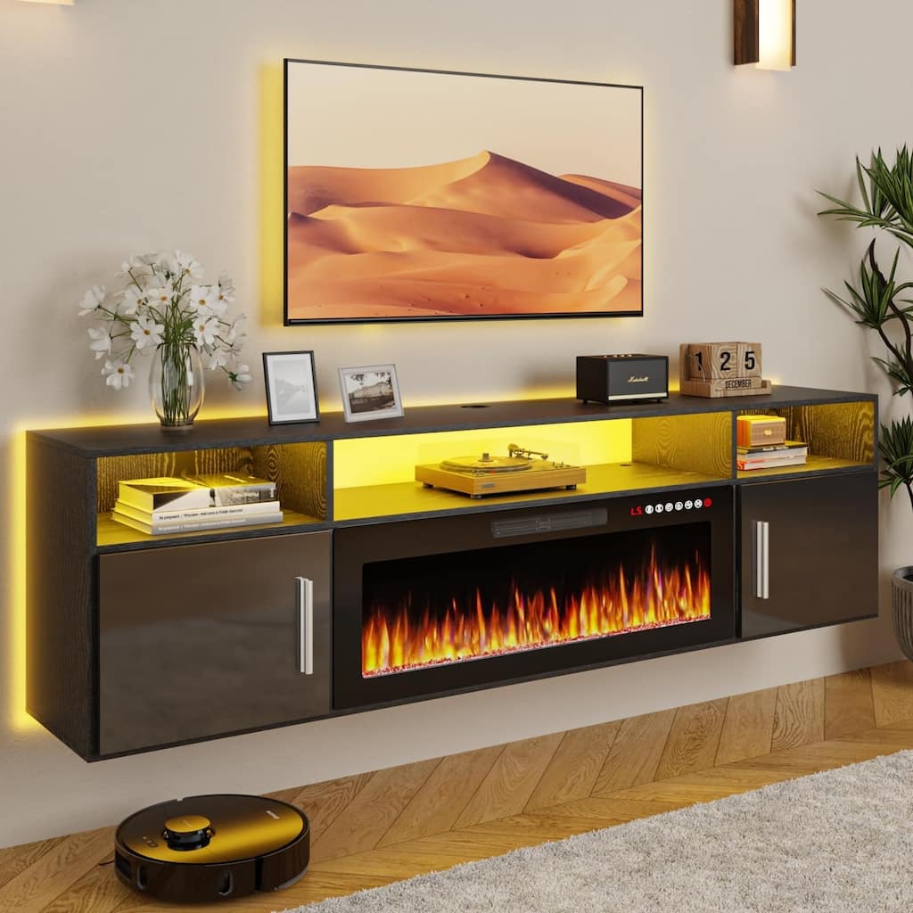 BOSSIN 70" Floating TV Stand with 36" Electric Fireplace, High Gloss Finish Wall Mounted Fireplace TV Stand with Storage