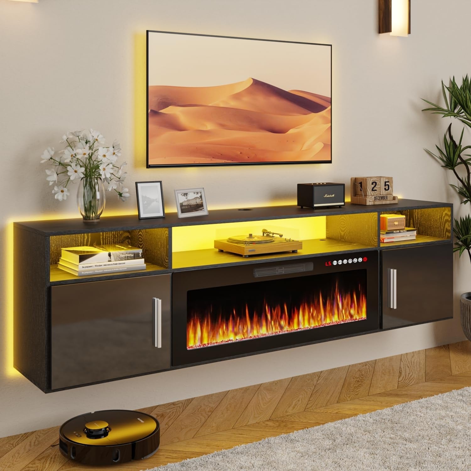 BOSSIN 70" Floating TV Stand with 36" Electric Fireplace, High Gloss Finish Wall Mounted Fireplace TV Stand with Storage