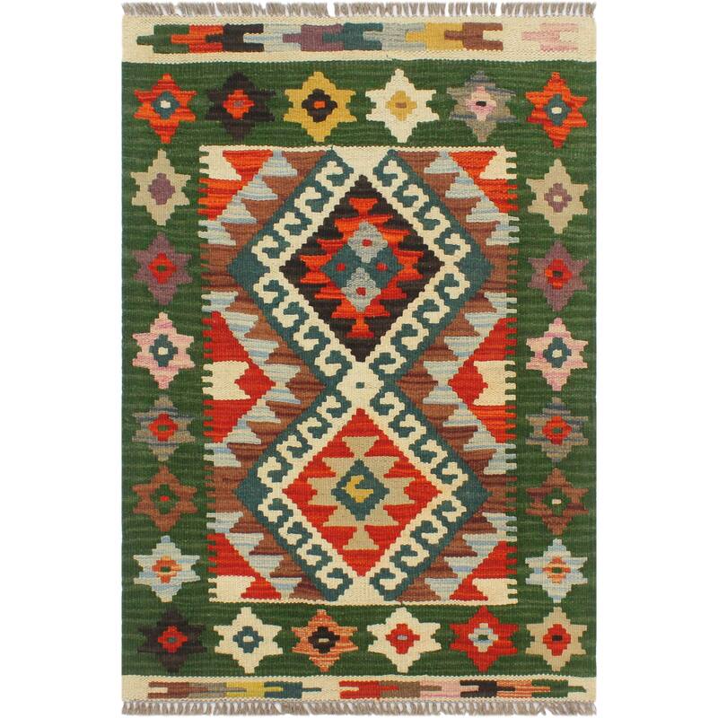 Bohemian Turkish Kilim Hiedi Rust Green Hand-Woven Wool Rug - 2'0'' x 2'11''