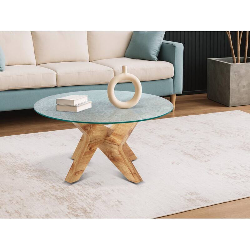ivinta Round Glass Coffee Table, 31.5" Modern Small Center Table with Tempered Glass Top and MDF Legs