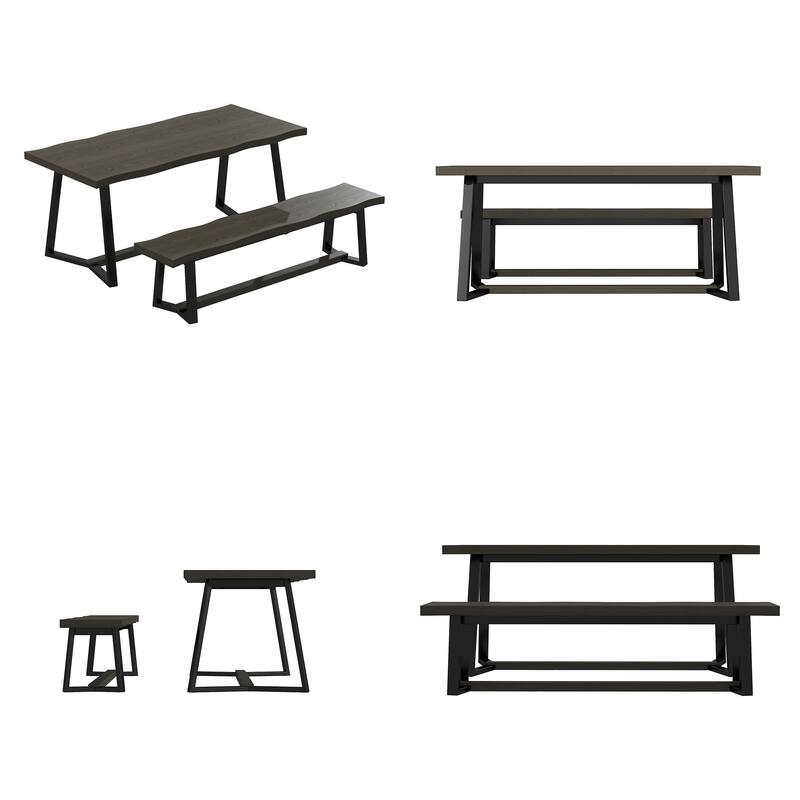 Rustic Elm Wood Dining Table Set with Black Bench – Modern Farmhouse Kitchen Table