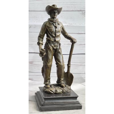 Cowboy In Chaps Holding Shovel Bronze Statue Sculpture Figure Country Western 12 Inches X 5 Inches