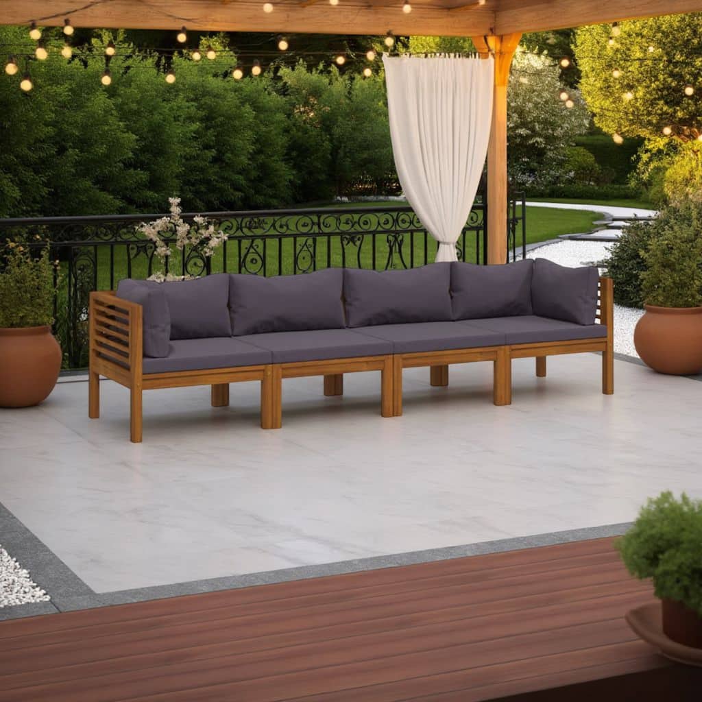 Outdoor Modular Sofa, 4 Seater, Brown Solid Acacia Wood, Gray Cushions