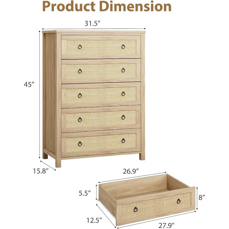 Rattan Dresser Storage Cabinet for Bedroom Living Room, Natural Oak