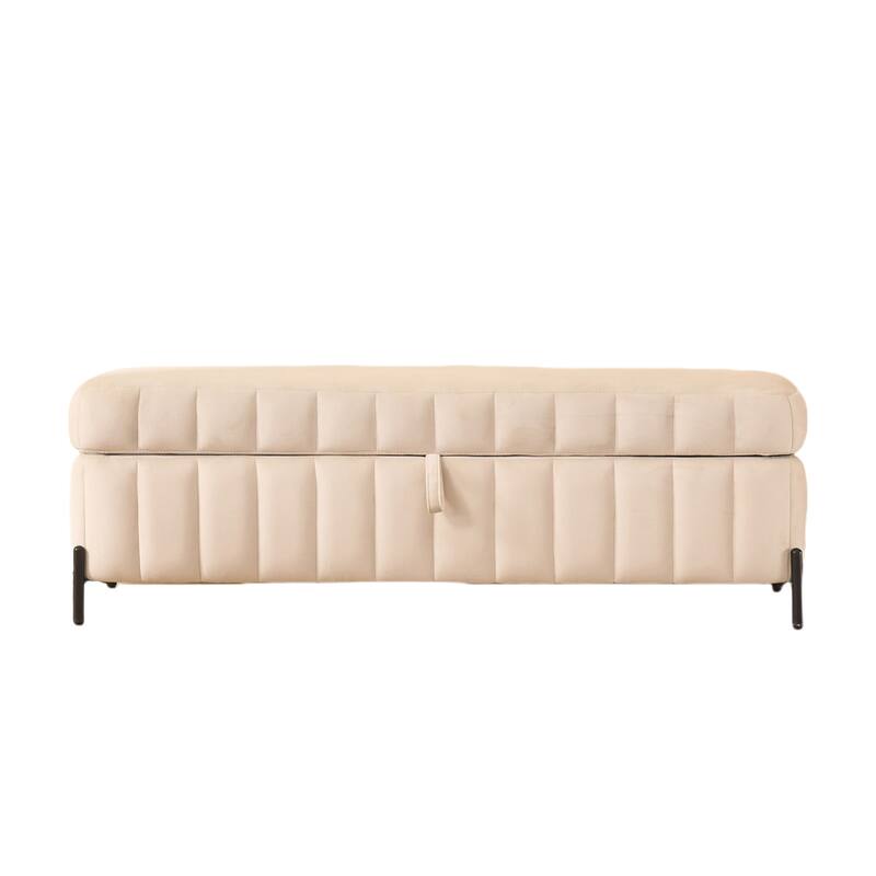 Velvet Storage Bed Bench with Hidden Compartment, Black Legs, 275LB - Beige