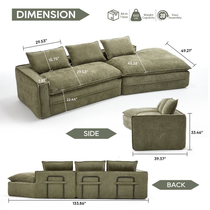 Modern Minimalist Modular Sectional Sofa, Upholstered Cloud Couch with Deep Seats, Right Facing Chaise - Green