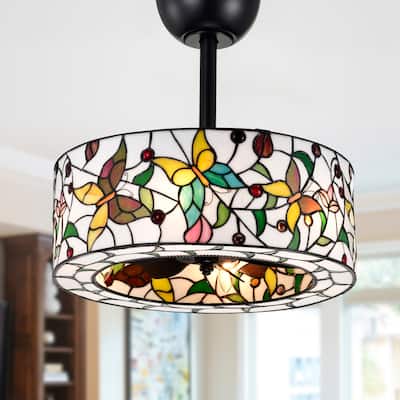 Jorga 6-light Tiffany Glass Fandelier Lighted Ceiling Fan Butterfly Design Remote Control - White-MultiColor