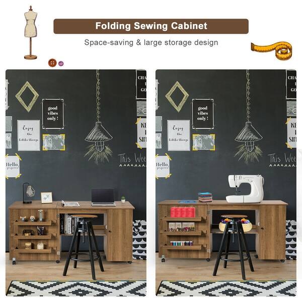 Shop Folding Sewing Table Shelves Storage Cabinet Craft Cart With Wheels Overstock 30088755 Natural