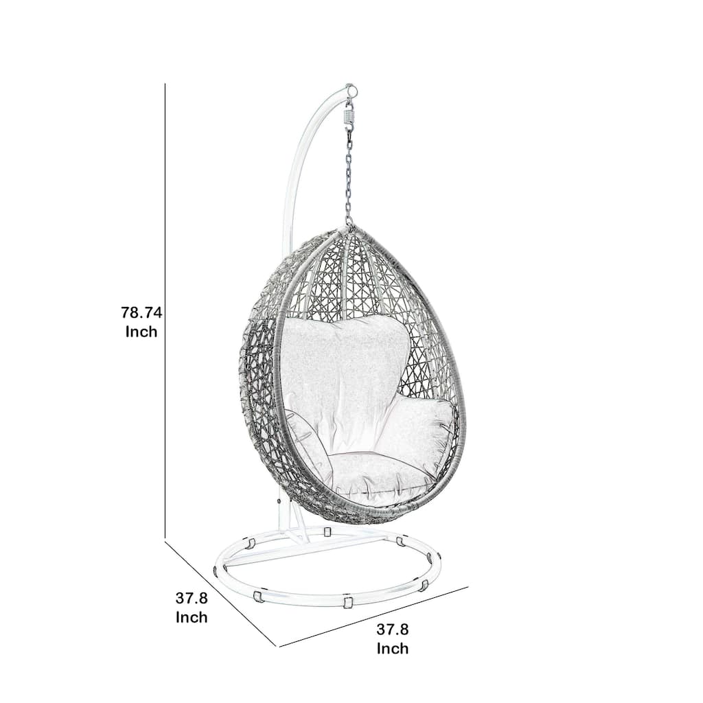 Metal Patio Swing Chair with Cushioned Seating and Round Base, White and Gray