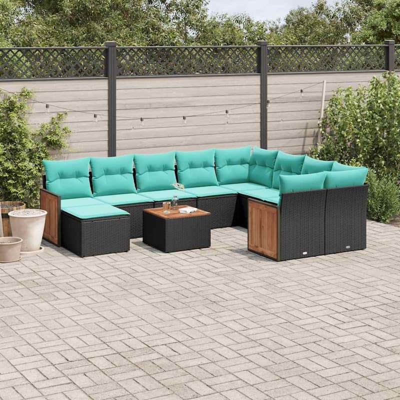 vidaXL 11 Piece Patio Sofa Set with Cushions Black/Gray Poly Rattan - 21.7 x 24.4 x 27.2 - Black