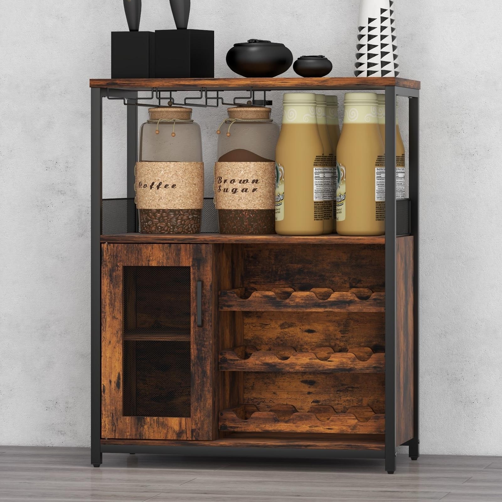 3-Tier Wine Bar Cabinet with Wine Rack, Liquor Cabinet with Storage, Coffee Bar Cabinet with Glass Holder & Mesh Door