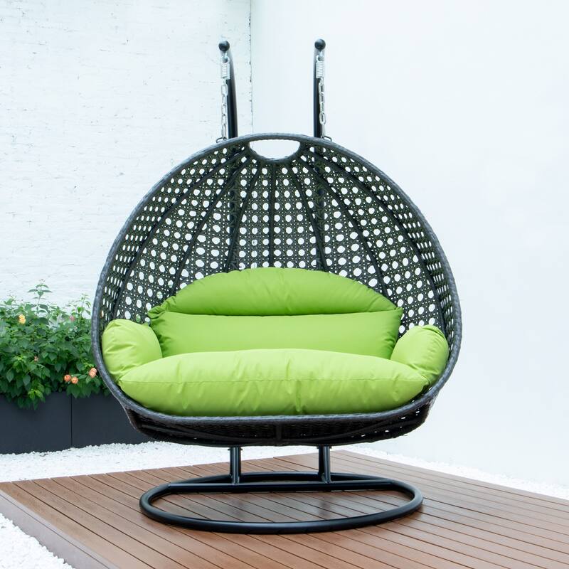LeisureMod 2-Person Hanging Egg Swing Chair with Metal Stand - Handcrafted Charcoal Wicker, Patio Hammock Lounger with Cushions