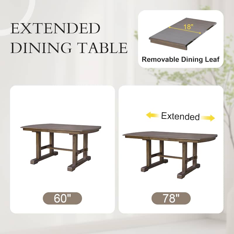 Roomfitters 6-Piece Extendable Dining Table Set, 60-78 Inch Wooden Kitchen Table with Leaf, 4 Upholstered Chairs & Bench
