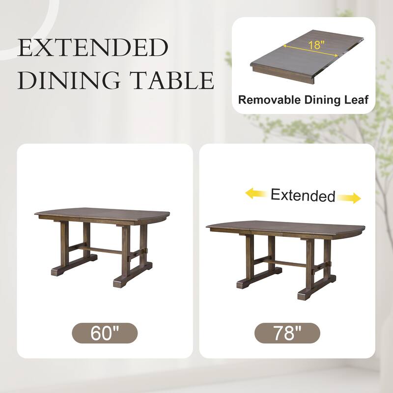 Roomfitters 60 to 78" Extendable Dining Table, Farmhouse Wooden Kitchen Table with Removable Leaf, Table for 4 to 8