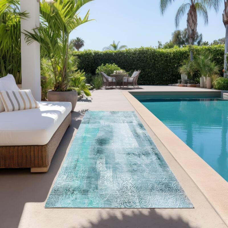 Machine Washable Indoor/ Outdoor Modern Imprints Chantille Rug - Teal - 2'3" x 7'6"
