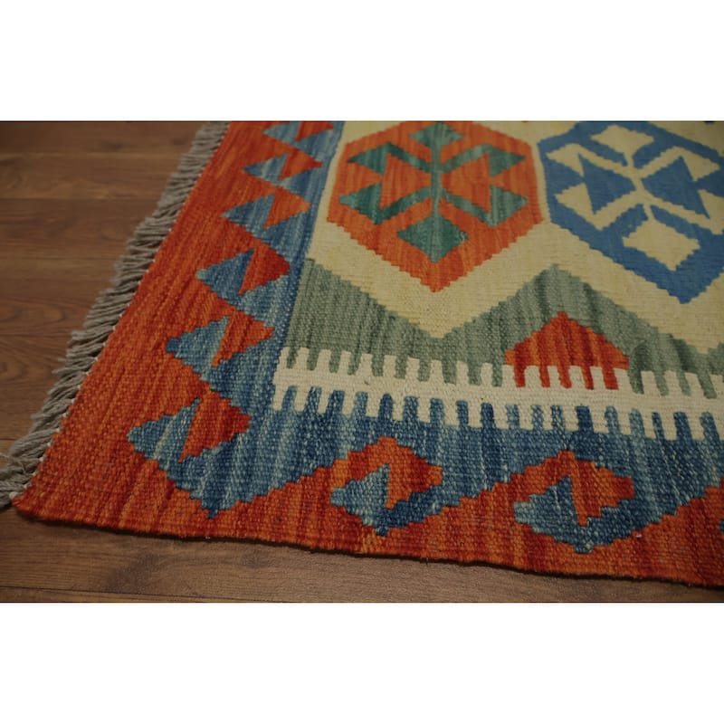 Hand Woven Oriental 100% Wool Carpet Southwestern Tribal Green Kilim Area Rug - 4' 11'' X 3' 4''