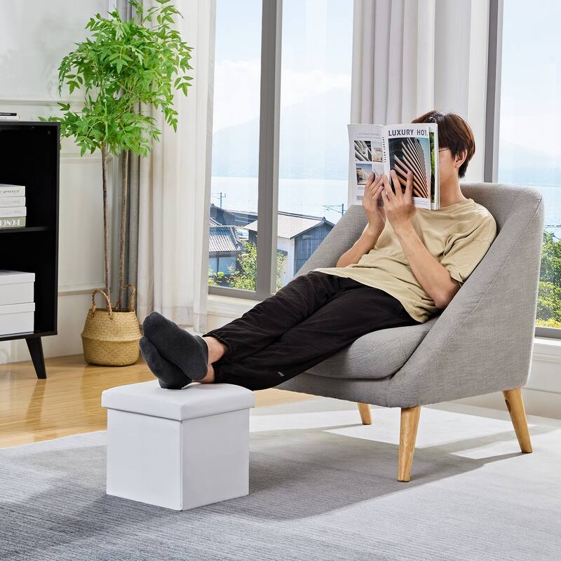 2 PC Storage Folding Ottoman, Storage Footrest Stool, Faux Leather Storage Bench Cube with Padded Seat for Small Space