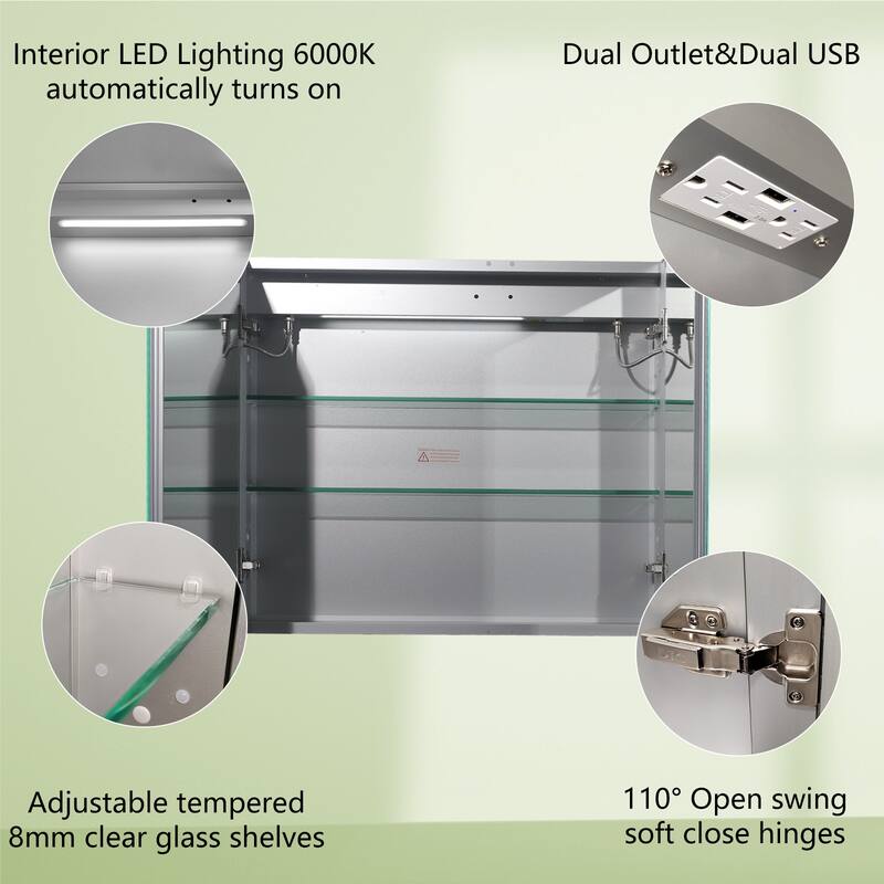 ExBrite LED Lighted Bathroom Medicine Cabinet with Mirror,Recessed or Surface Mount,Defog, Stepless Dimming - 30'' x 26''
