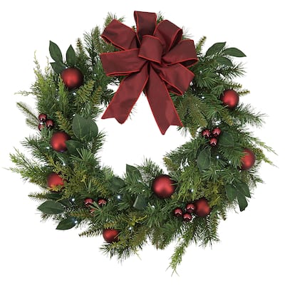 32 in Holiday Cedar Wreath with Red Bow and Christmas Ornaments - Green