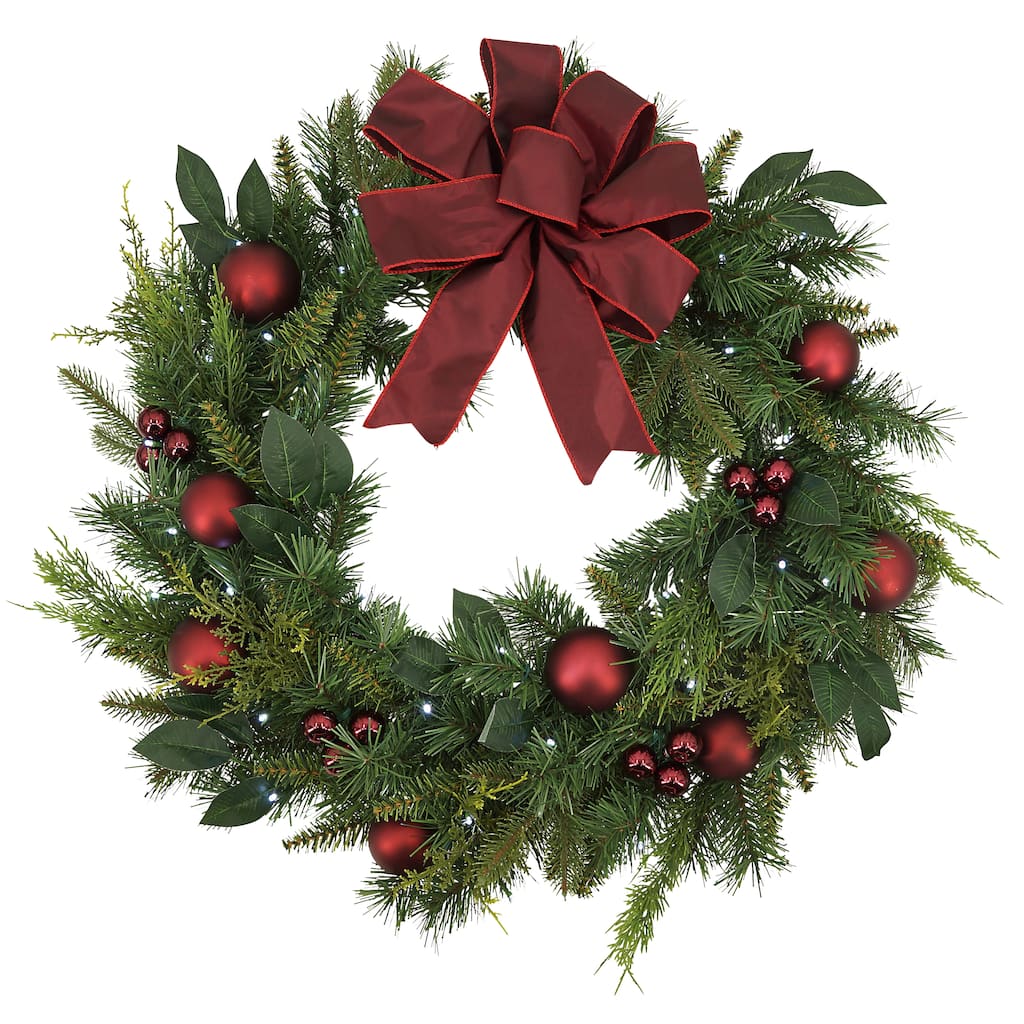 32 in Holiday Cedar Wreath with Red Bow and Christmas Ornaments - Green