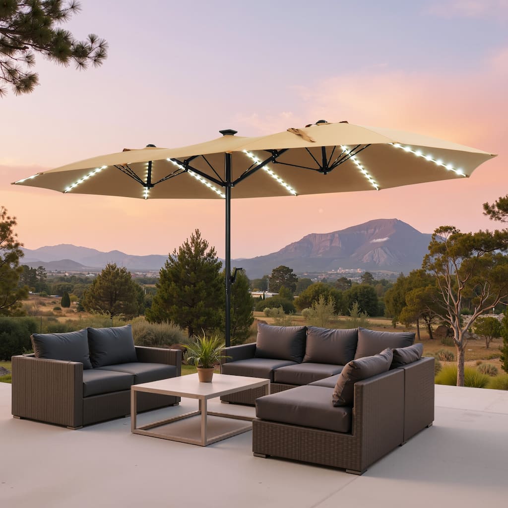 Crestlive Products 15ft Rectangular Double-sided Outdoor Market Umbrella Solar LED Lighted Patio Umbrella