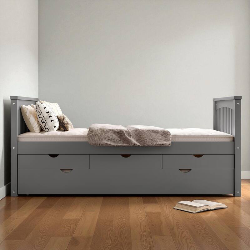 Twin Solid Wood Platform Bed with Drawers and Trundle, Space-Saving Daybed Frame with Storage, No Box Spring Needed