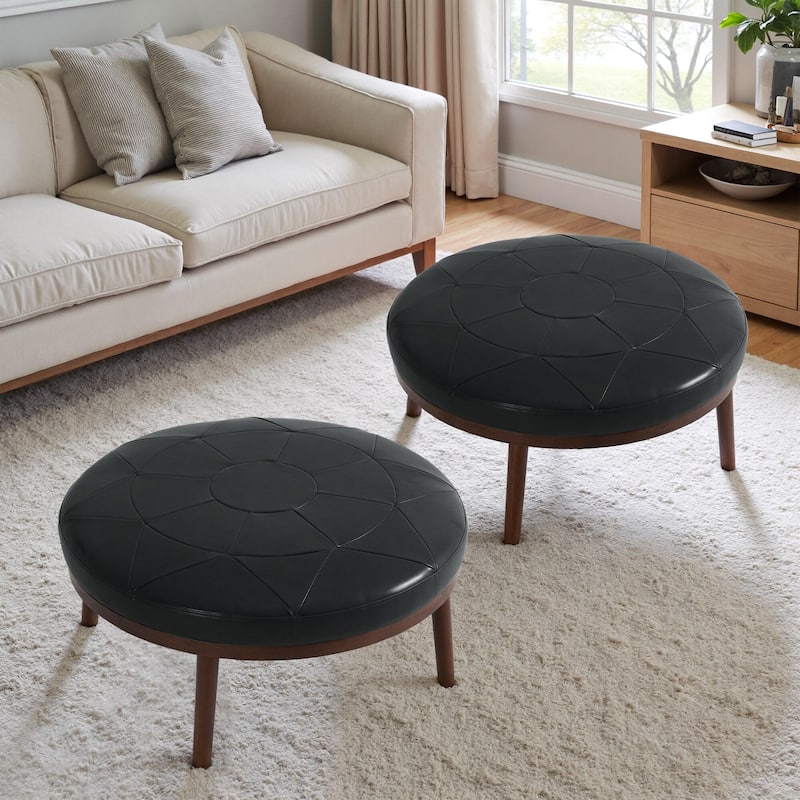34.5" W Full-Grain Genuine Italian Leather Ottoman Set of 2 - Black