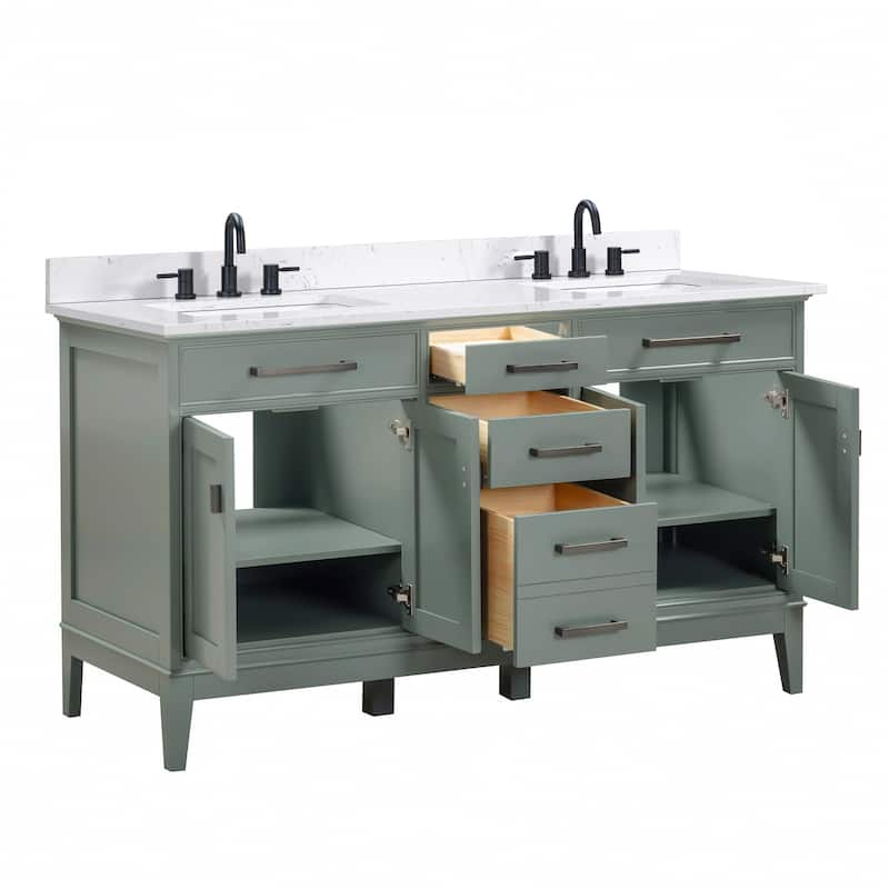 Madison 60 in. Double Sink Bathroom Vanity with Engineered Stone Top - 61" x 22"D x 35"H
